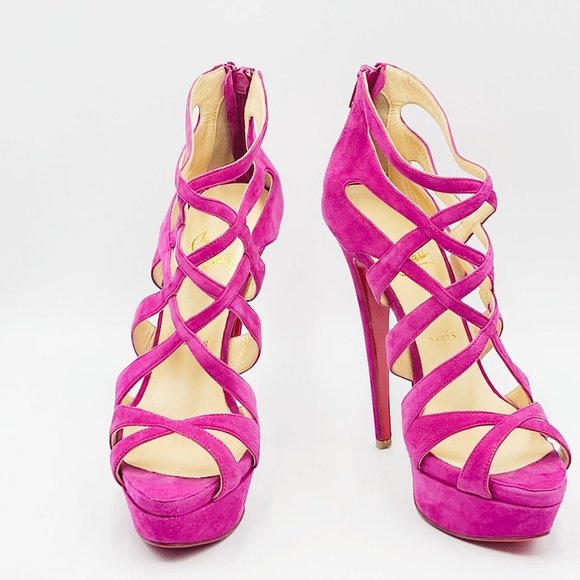 Christian Louboutin Heels Balota Fuchsia Hot Pink Multi Strap Suede Booties 37 - Picture 4 of 7